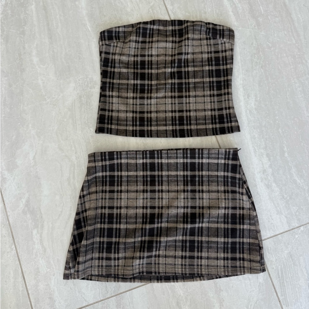 Princess Polly Plaid Mini Skirt Set - Black and Brown